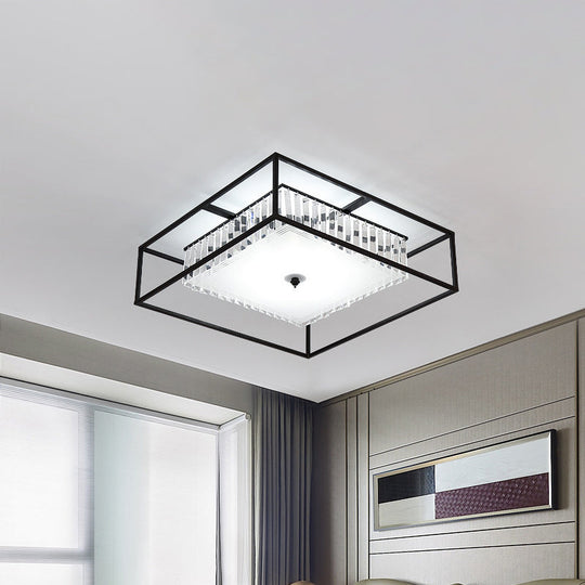 Modern Crystal Flush Light Fixture With Black Metal Frame - 5-Head Living Room Mount Lamp