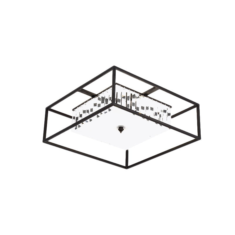 Modern Crystal Flush Light Fixture With Black Metal Frame - 5-Head Living Room Mount Lamp