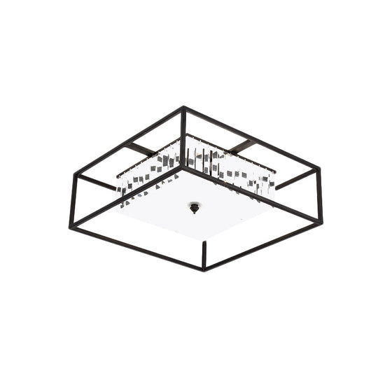 Modern Crystal Flush Light Fixture With Black Metal Frame - 5-Head Living Room Mount Lamp