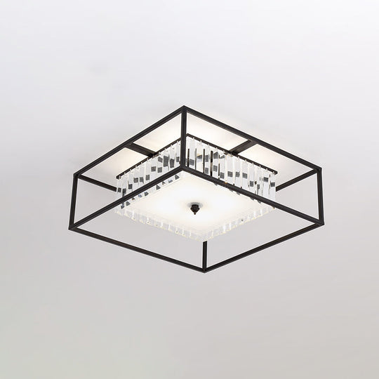 Modern Crystal Flush Light Fixture With Black Metal Frame - 5-Head Living Room Mount Lamp