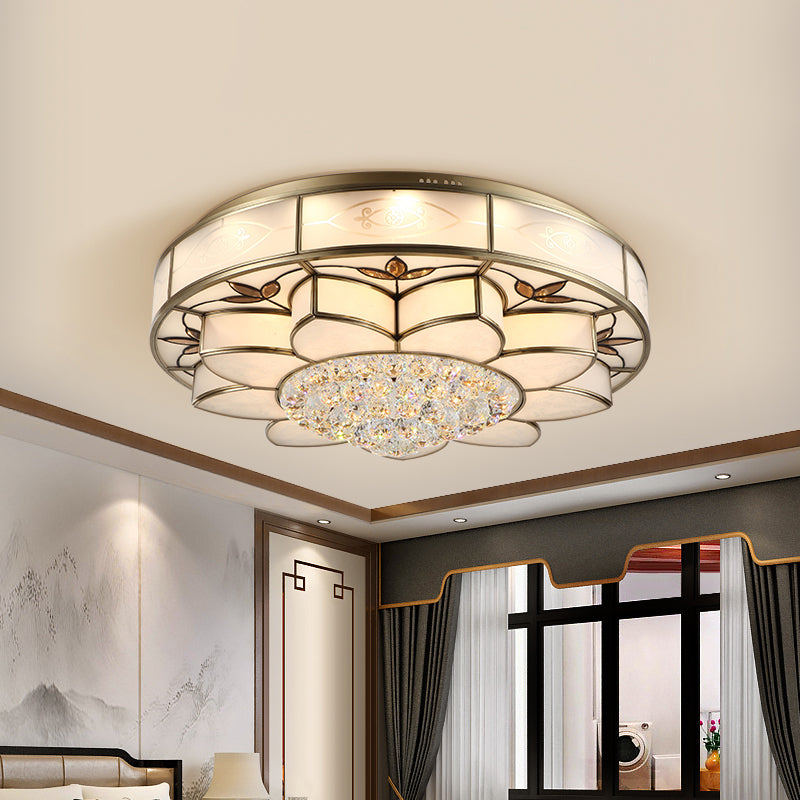 Contemporary Blossom Flushmount Lighting With Crystal Drop - 7-Light Frosted Glass Ceiling Flush