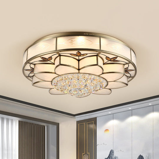 Contemporary Blossom Flushmount Lighting With Crystal Drop - 7-Light Frosted Glass Ceiling Flush
