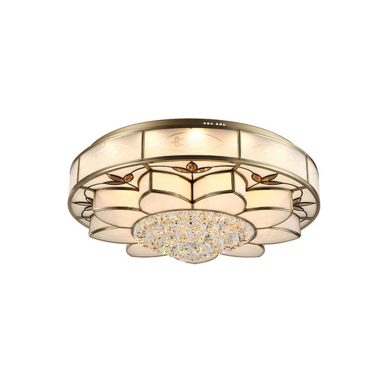 Contemporary Blossom Flushmount Lighting With Crystal Drop - 7-Light Frosted Glass Ceiling Flush