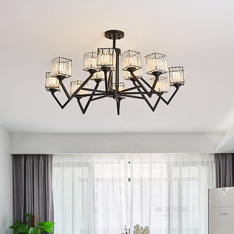 Modern Black Crystal Block Semi Flushmount Ceiling Lamp - 12 Lights V - Like Arm For Living Room