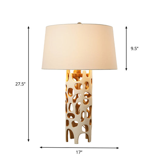 Modern Tapered Drum Fabric Night Lamp - Stylish White Table With Cutouts Resin Base