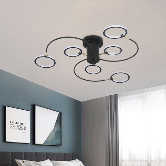 Modern Black/Gold Swirl Semi Flush Mount Led Ceiling Fixture With Rings - Bedroom Lighting Black
