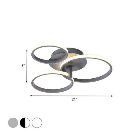 Modernist Acrylic Led Flush Mount Ceiling Light Fixture - 3 Ring Design In Grey/White/Black