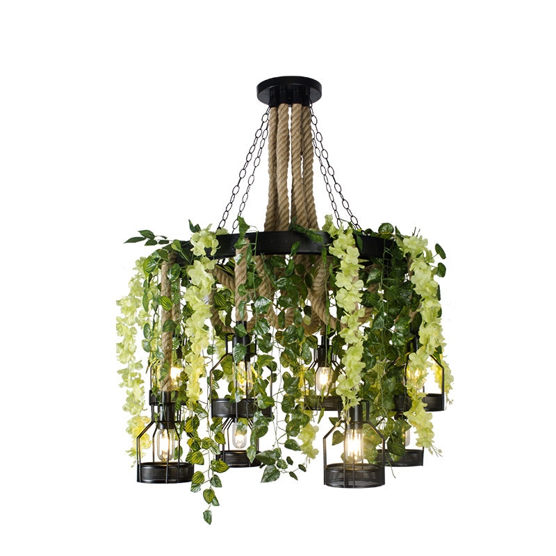 Vintage Hemp Rope Flower Chandelier With Metal Cage And 8 Heads