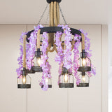 Vintage Hemp Rope Chandelier With 8 Flower Heads In Purple/Green - Perfect For Restaurant Down