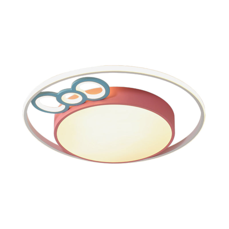 Modern Flush Mount Pendant Light With Blue/Pink Led Glow For Bedroom - Acrylic Drum Design