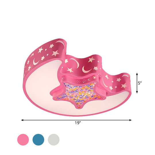 Contemporary Led Flush Pendant Light For Bedroom - Ceiling Mounted Fixture With Moon And Star