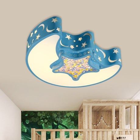 Contemporary Led Flush Pendant Light For Bedroom - Ceiling Mounted Fixture With Moon And Star Design
