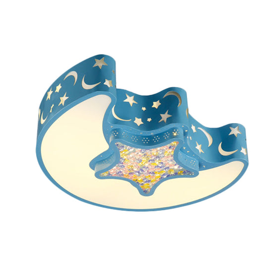 Contemporary Led Flush Pendant Light For Bedroom - Ceiling Mounted Fixture With Moon And Star