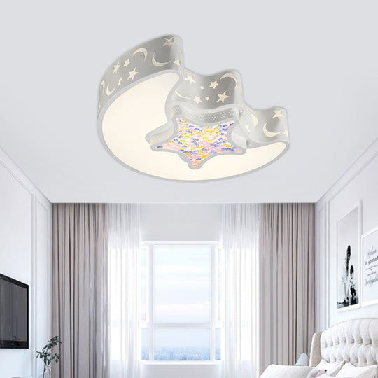 Contemporary Led Flush Pendant Light For Bedroom - Ceiling Mounted Fixture With Moon And Star