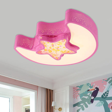 Starry Moon And Pentagram Led Ceiling Flush Lighting For Kids Bedroom - Acrylic Blue/Pink/White Pink