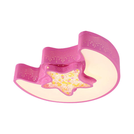 Starry Moon And Pentagram Led Ceiling Flush Lighting For Kids Bedroom - Acrylic Blue/Pink/White