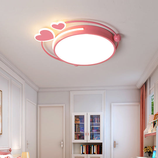 Modern Pink Drum Flush Mount Led Ceiling Lamp With Loving Heart Design In Warm/White Light