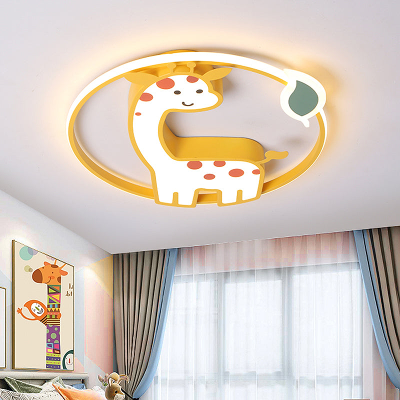 Cartoon-Style Acrylic Giraffe Flush Ceiling Light: Yellow Flushmount Fixture With Leaf Design
