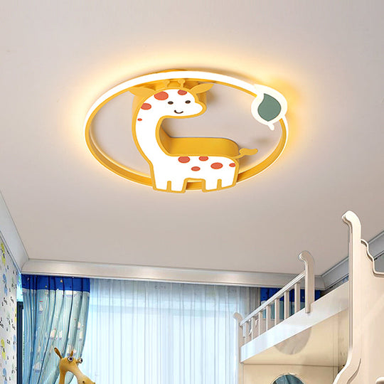 Cartoon - Style Acrylic Giraffe Flush Ceiling Light: Yellow Flushmount Fixture With Leaf Design