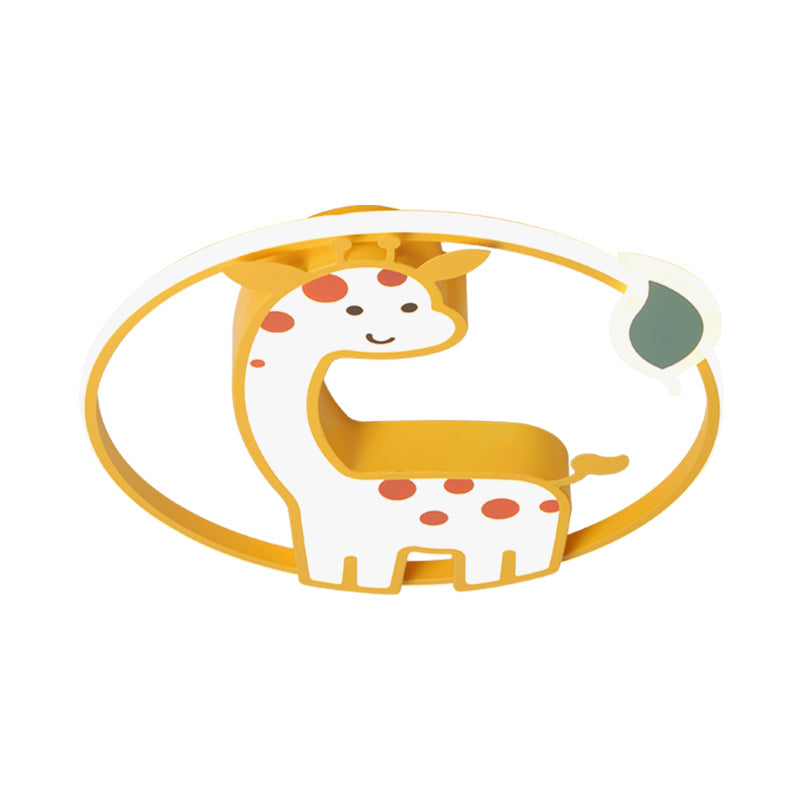Cartoon-Style Acrylic Giraffe Flush Ceiling Light: Yellow Flushmount Fixture With Leaf Design