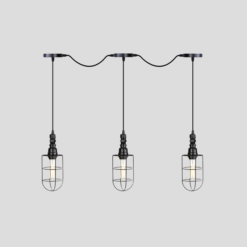Rustic Black Wire Cage Pendant Lamp - Tandem Multi Ceiling Light Fixture With Iron Heads For