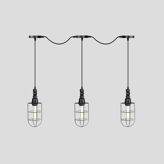 Rustic Black Wire Cage Pendant Lamp - Tandem Multi Ceiling Light Fixture With Iron Heads For
