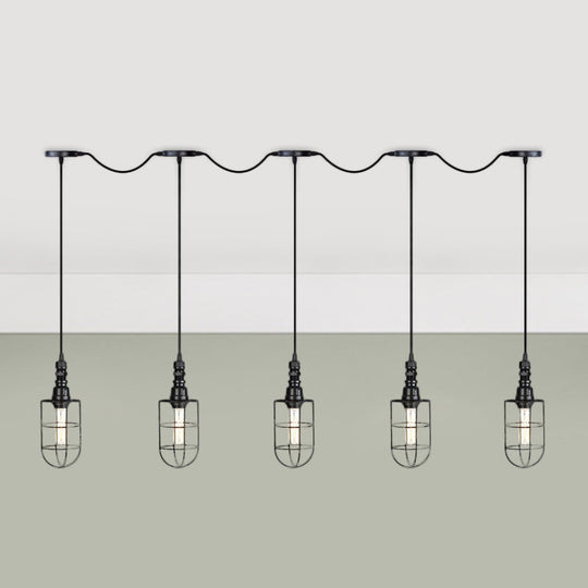 3/5/7-Head Iron Tandem Ceiling Light In Rustic Black Finish With Wire Cage - Perfect For Restaurants