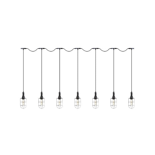 3/5/7-Head Iron Tandem Ceiling Light In Rustic Black Finish With Wire Cage - Perfect For Restaurants