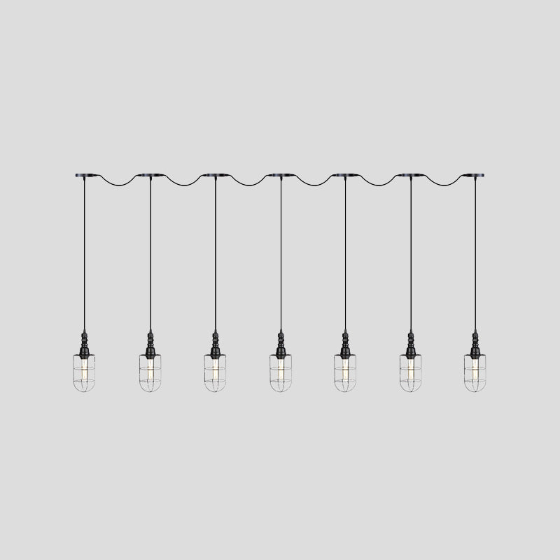 Rustic Black Wire Cage Pendant Lamp - Tandem Multi Ceiling Light Fixture With Iron Heads For