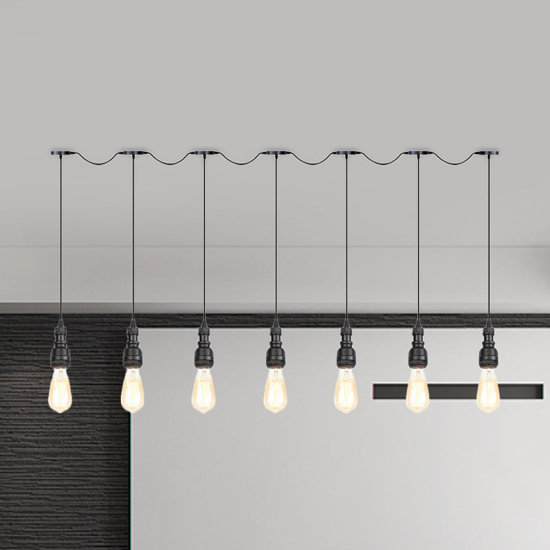 Vintage Iron Restaurant Pendant Lamp - Exposed Bulb Black Finish 5/7 Lights Tandem Multi-Hanging