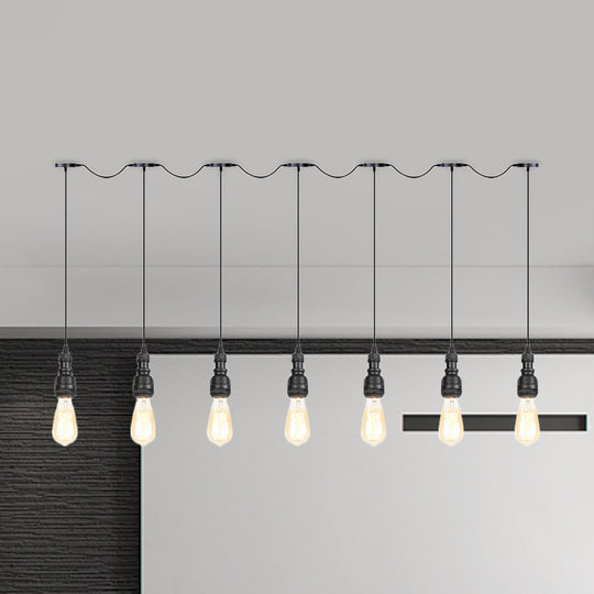 Vintage Iron Restaurant Pendant Lamp - Exposed Bulb Black Finish 5/7 Lights Tandem Multi-Hanging