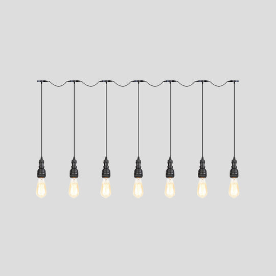 Vintage Iron Restaurant Pendant Lamp - Exposed Bulb Black Finish 5/7 Lights Tandem Multi-Hanging