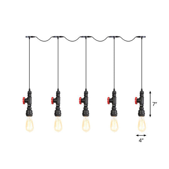 Industrial Iron Multi Pendant Light With Black Finish - 5/7 Bulbs Tandem Hanging Lamp