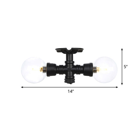 Antiqued Black Semi Mount Lighting With Clear Glass - 2-Light Sphere Flush Mounted Lamp