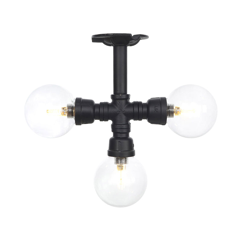 Industrial Orb Semi - Flush Clear Glass Led Lights In Black