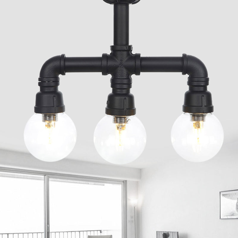 Industrial Orb Semi - Flush Clear Glass Led Lights In Black / B