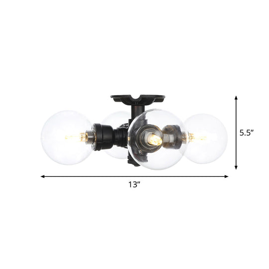 Industrial Orb Semi - Flush Clear Glass Led Lights In Black