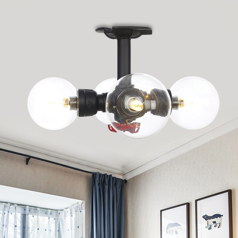 Industrial Orb Semi - Flush Clear Glass Led Lights In Black