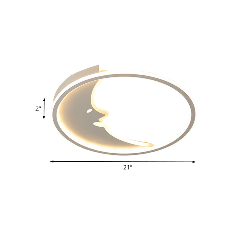 Led Cartoon White Ceiling Lamp With Moon Acrylic Shade - Warm/White Light Bedroom Flush Mount