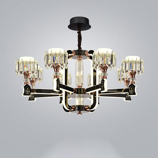 Modern Black Led Chandelier With Crystal Block Cylinder And 6/8 Bulbs