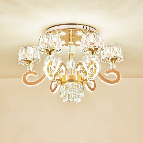 Modern Gold Semi Flush Mount Ceiling Light With Crystal Accents - 6/8 Bulbs Led Metal Scroll Arms