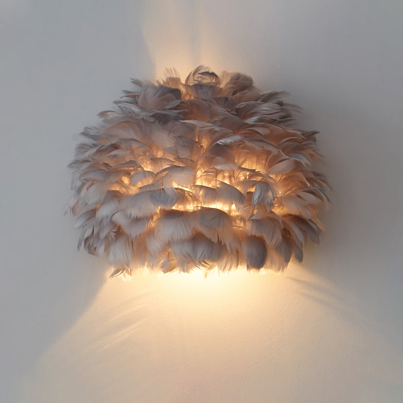 Designer Half Globe Wall Sconce With Feather Accent White/Grey Finish