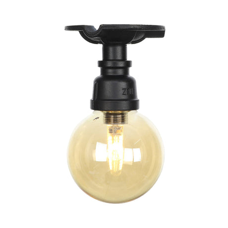 Amber Glass Semi Flush Industrial Ceiling Lamp - Global Black Finish
