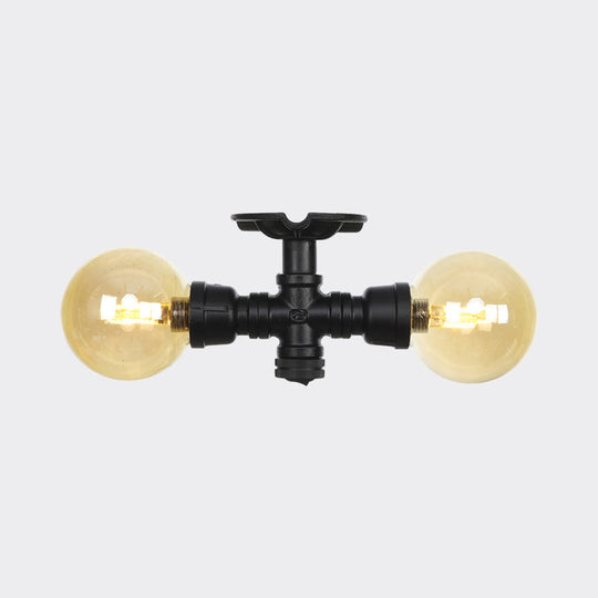 2 - Light Amber Glass Semi Flush Antiqued Black Sphere Ceiling Lamp