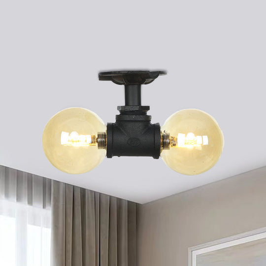 2 - Light Amber Glass Semi Flush Antiqued Black Sphere Ceiling Lamp