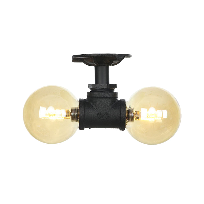 2 - Light Amber Glass Semi Flush Antiqued Black Sphere Ceiling Lamp