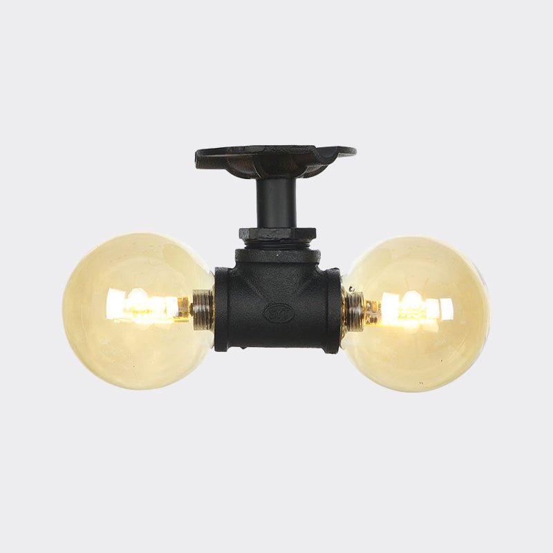 2 - Light Amber Glass Semi Flush Antiqued Black Sphere Ceiling Lamp