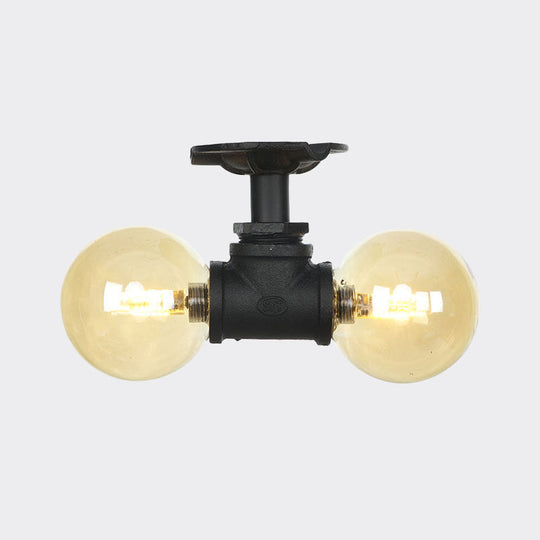 2 - Light Amber Glass Semi Flush Antiqued Black Sphere Ceiling Lamp