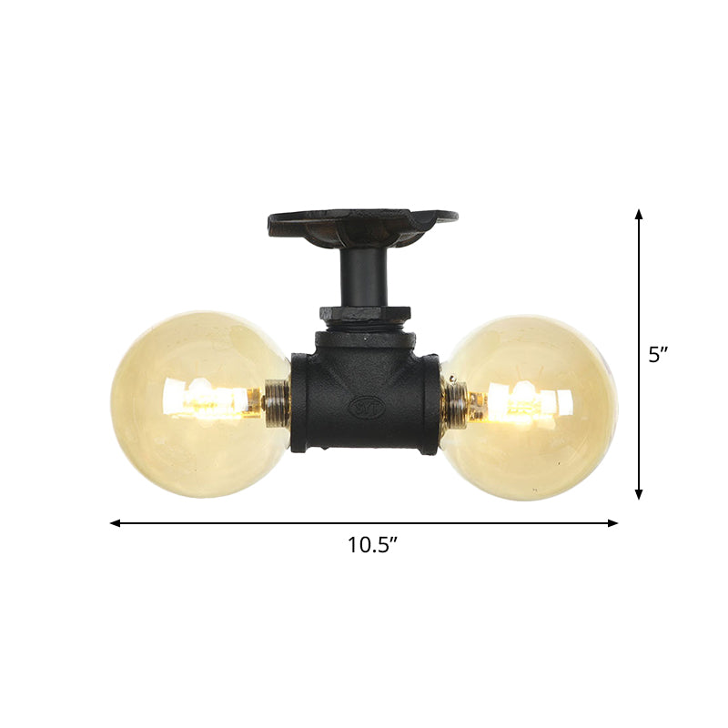 2 - Light Amber Glass Semi Flush Antiqued Black Sphere Ceiling Lamp