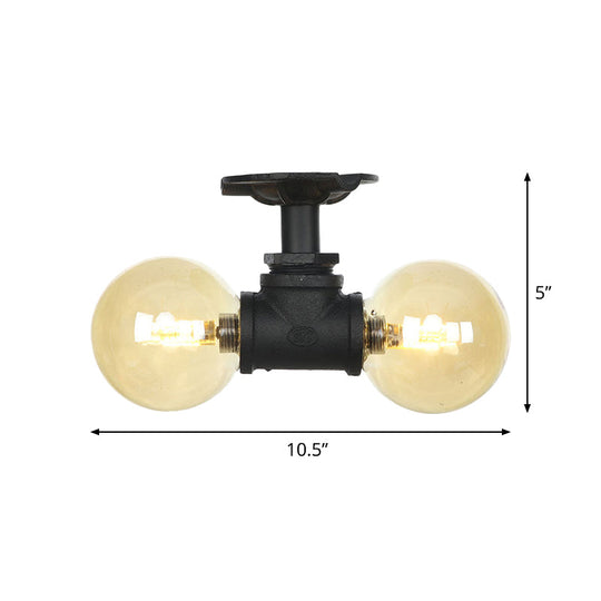 2 - Light Amber Glass Semi Flush Antiqued Black Sphere Ceiling Lamp
